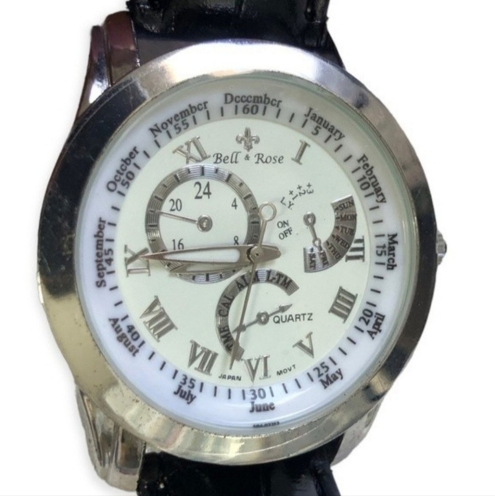 Bell & Rose Men’s Silver Tone Stainless Steel Faux Leather Watch